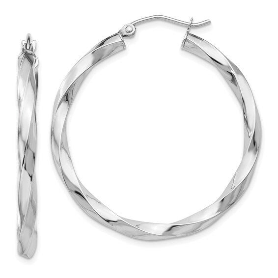 Solid 14k White Gold 3mm Twisted Hoop Earrings - 15mm, 19mm, 26mm 35mm