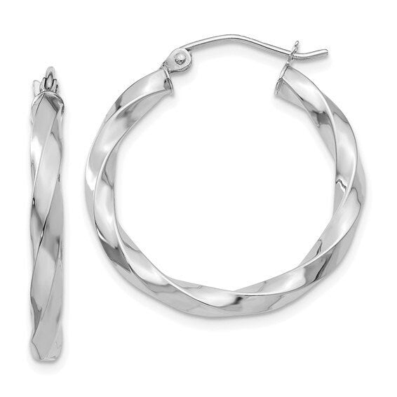 Solid 14k White Gold 3mm Twisted Hoop Earrings - 15mm, 19mm, 26mm 35mm