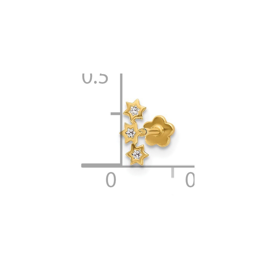 14k Yellow Gold 18G Cubic Zirconia Star Cartilage Earring Flat Back Piercing - 3.5mm x7.75mm - Single Stud - Hypoallergenic - Gift for Teen