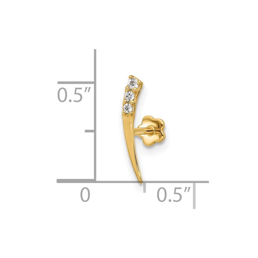 14k Yellow Gold 18G Cubic Zirconia Curved Cartilage Earring Flat Back Piercing -  2.48mm x13.9mm - Single Stud - Internally Threaded