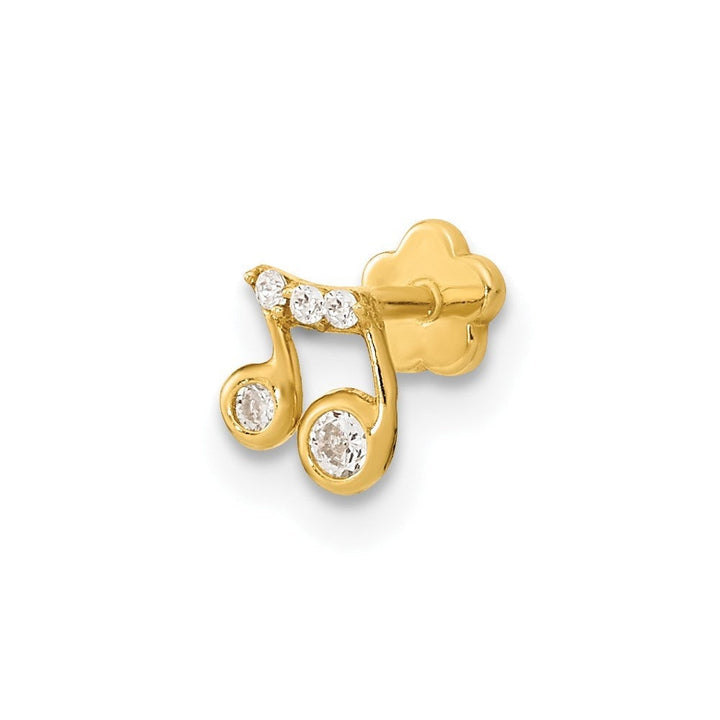 14k Yellow Gold 19G Cubic Zirconia Musical Note Cartilage Earring Flat Back Piercing -  8.48mm x4.74mm - Single Stud - Internally Threaded