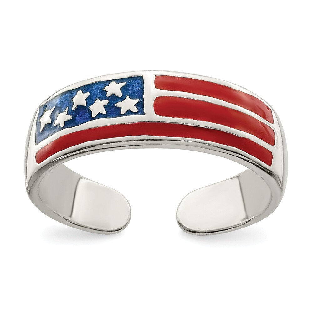 925 Sterling Silver Enameled American Flag Toe Ring - Adjustable Toe Rings for Women - Statement Toe Ring - Waterproof - Patriotic Toe Ring