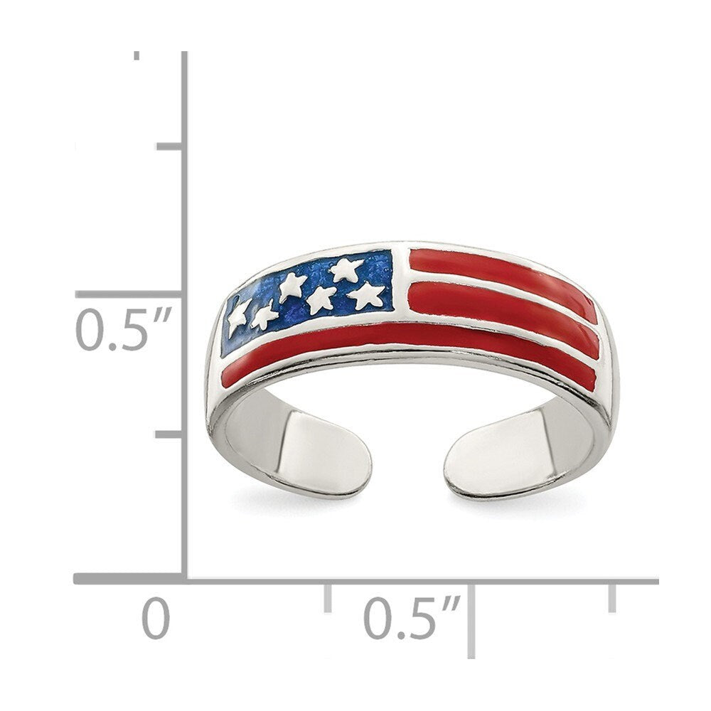 925 Sterling Silver Enameled American Flag Toe Ring - Adjustable Toe Rings for Women - Statement Toe Ring - Waterproof - Patriotic Toe Ring