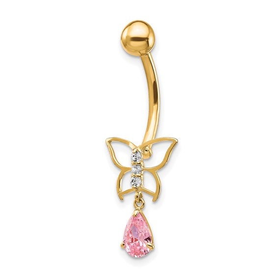 10k Gold 14G Pink CZ Butterfly Belly Ring Piercing