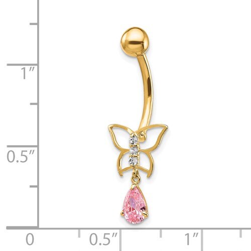 10k Gold 14G Pink CZ Butterfly Belly Ring Piercing