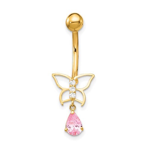 10k Gold 14G Pink CZ Butterfly Belly Ring Piercing