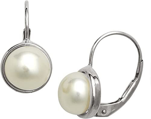 14k Gold 8mm White Freshwater Cultured Pearl Bezel-set Lever Back Earrings