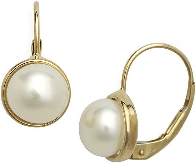 14k Gold 8mm White Freshwater Cultured Pearl Bezel-set Lever Back Earrings