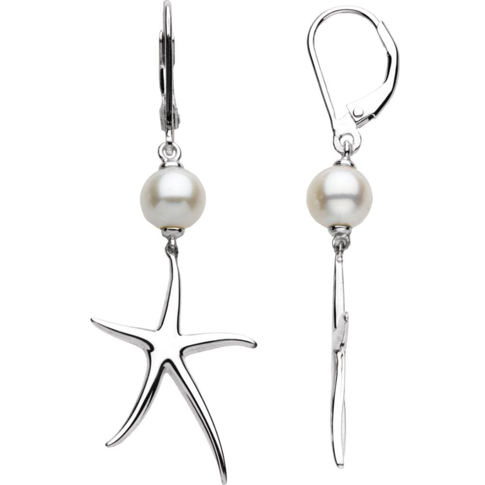 Sterling Silver Freshwater Cultured Pearl Starfish Lever Back Earrings - 19mmx55mm