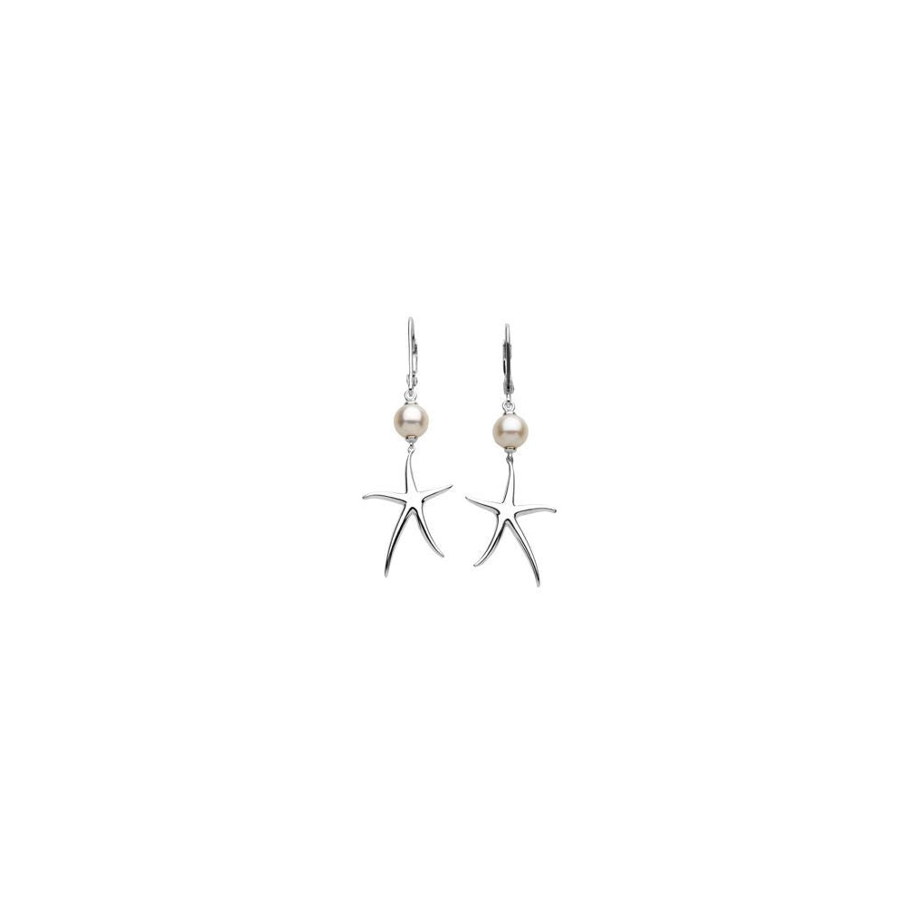 Sterling Silver Freshwater Cultured Pearl Starfish Lever Back Earrings - 19mmx55mm