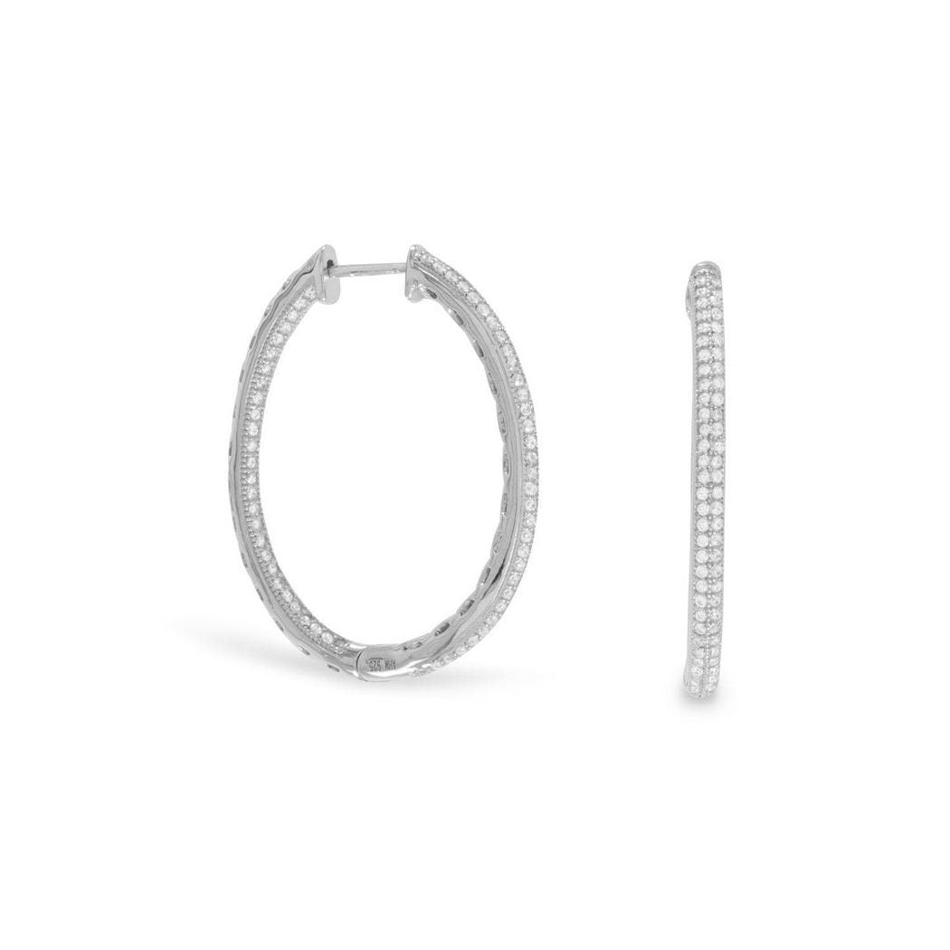 Sterling Silver Two Row Cubic Zirconia In Out Hinged Hoop Earrings - 2.5mm x 33.5mm