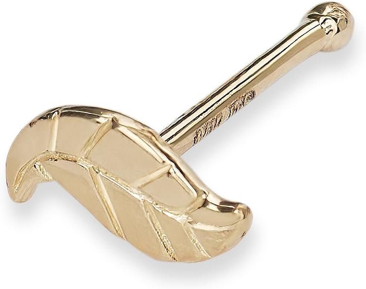 14k Yellow Gold 20G Textured Leaf Nose Stud Ring