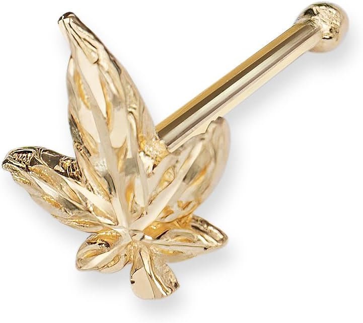 '- 14k Real Yellow Gold 20G Diamond-cut Cannabis Leaf Nose Stud Ring - 5mm