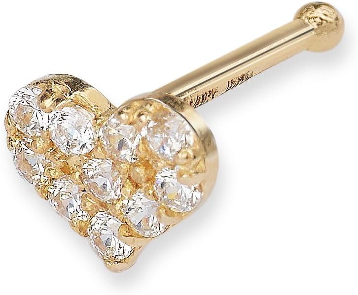 14k Real Yellow Gold 20G Cubic Zirconia Heart Nose Stud Ring - 5mm