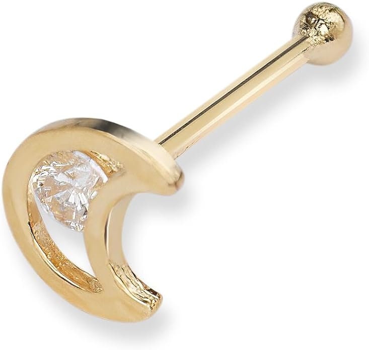 14k Real Yellow Gold 20G CZ Crescent Moon Nose Stud Ring - 5mm -