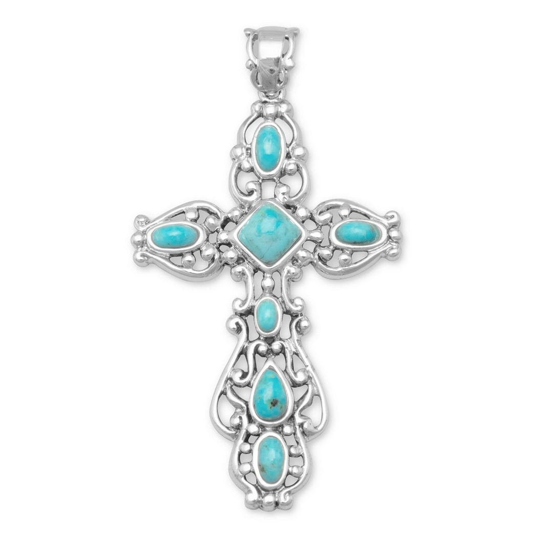 925 Sterling Silver Large Ornate Oxidized Simulated Turquoise Cross Pendant Necklace - 26x50mm