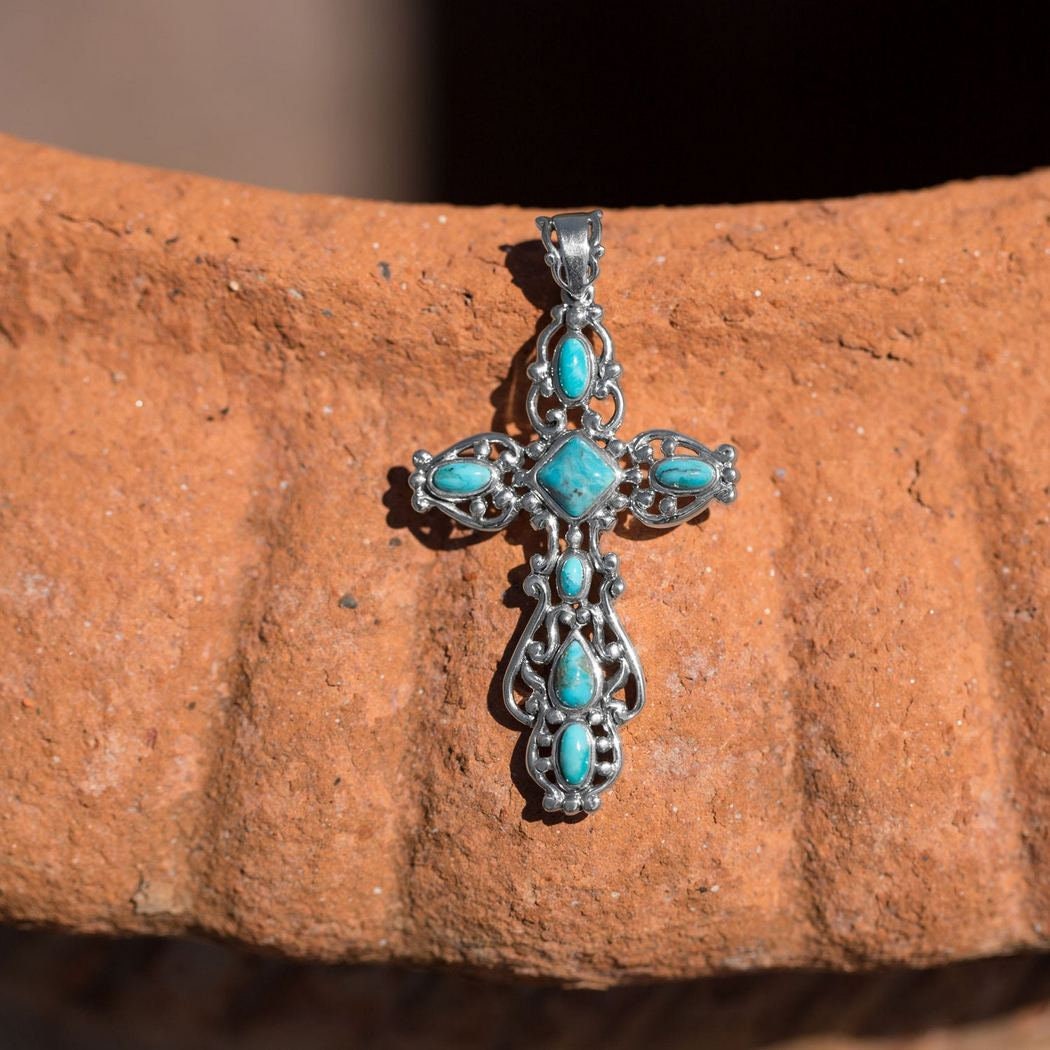 925 Sterling Silver Large Ornate Oxidized Simulated Turquoise Cross Pendant Necklace - 26x50mm