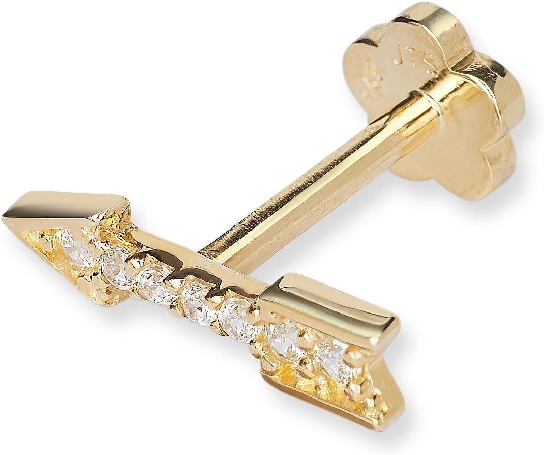 14k Yellow Gold 18G Cubic Zirconia Arrow Tragus Helix Piercing - 2x10mm