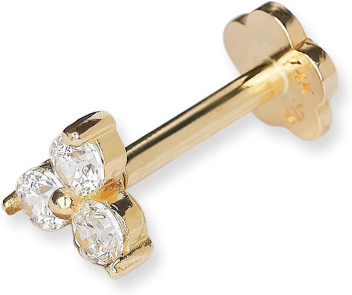 14k Yellow Gold 18G Cubic Zirconia Trinity 3-Stone Conch Tragus Helix Piercing Jewelry - 4mm - Flat Back Stud Earring