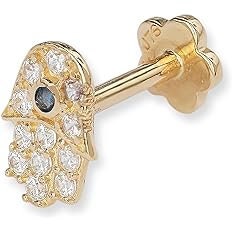 14k Yellow Gold 18G Cubic Zirconia Hamsa Hand of God Conch Tragus Helix Piercing Jewelry - 4mm x 7mm - Flat Back Stud Earring