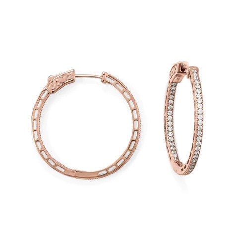 Sterling Silver Rhodium, Yellow or Rose Gold Plated Round Inside-Out CZ Beaded Hoop Earrings - 4mmx30mm