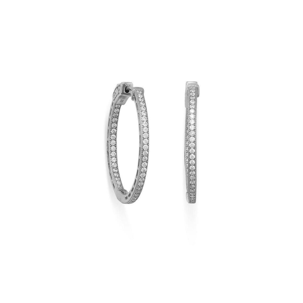 Sterling Silver Rhodium, Yellow or Rose Gold Plated Round Inside-Out CZ Beaded Hoop Earrings - 4mmx30mm