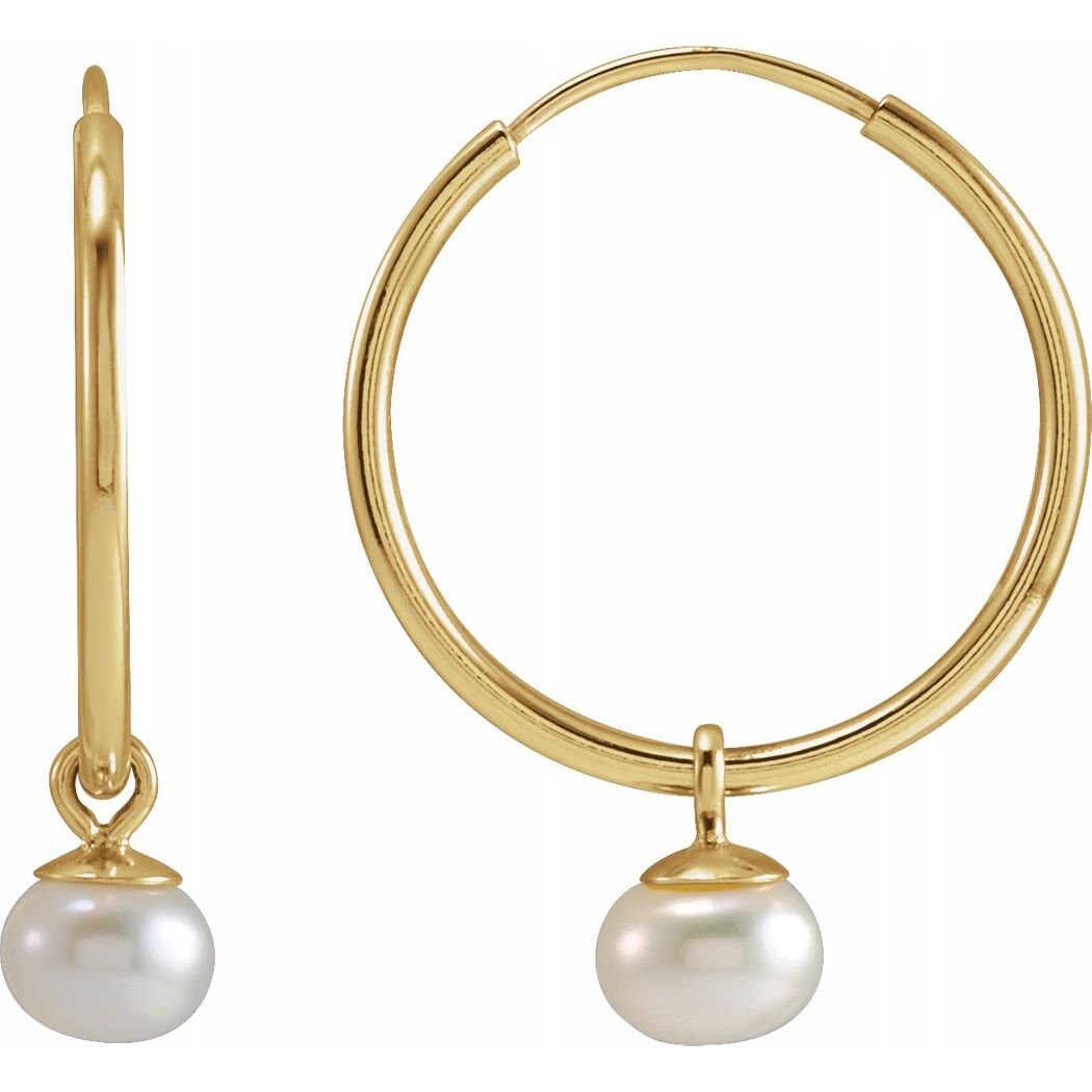 14k Yellow Gold 12mm or 15mm Endless Hoop with White Cultured Pearl Dangle Earrings