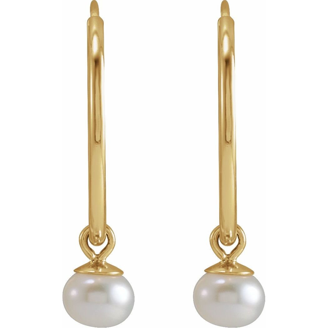 14k Yellow Gold 12mm or 15mm Endless Hoop with White Cultured Pearl Dangle Earrings