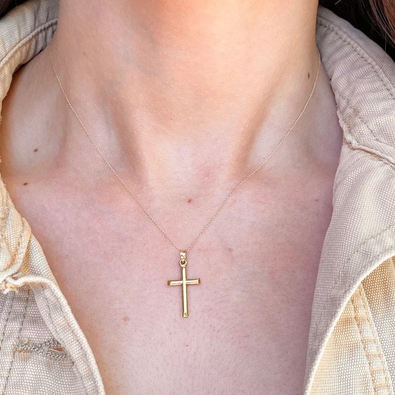 Solid 14k Yellow, Rose or White Gold Small Polished Cross Pendant Necklace