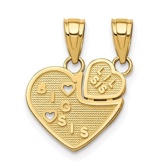 Solid 10K BIG SIS, Lil SIS Break-Apart Heart Charm Pendant Necklace