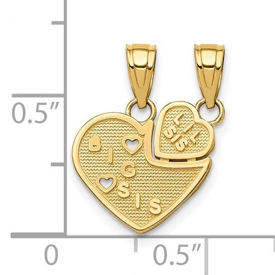Solid 10K BIG SIS, Lil SIS Break-Apart Heart Charm Pendant Necklace