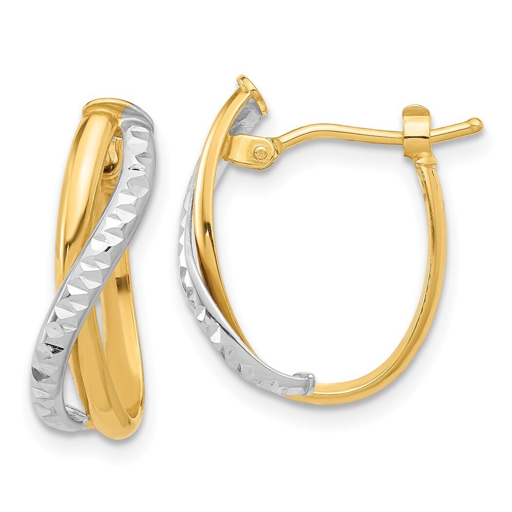 14k Two tone Gold Polished Diamond cut Crossover 17x4.6mm Hoop Earrings