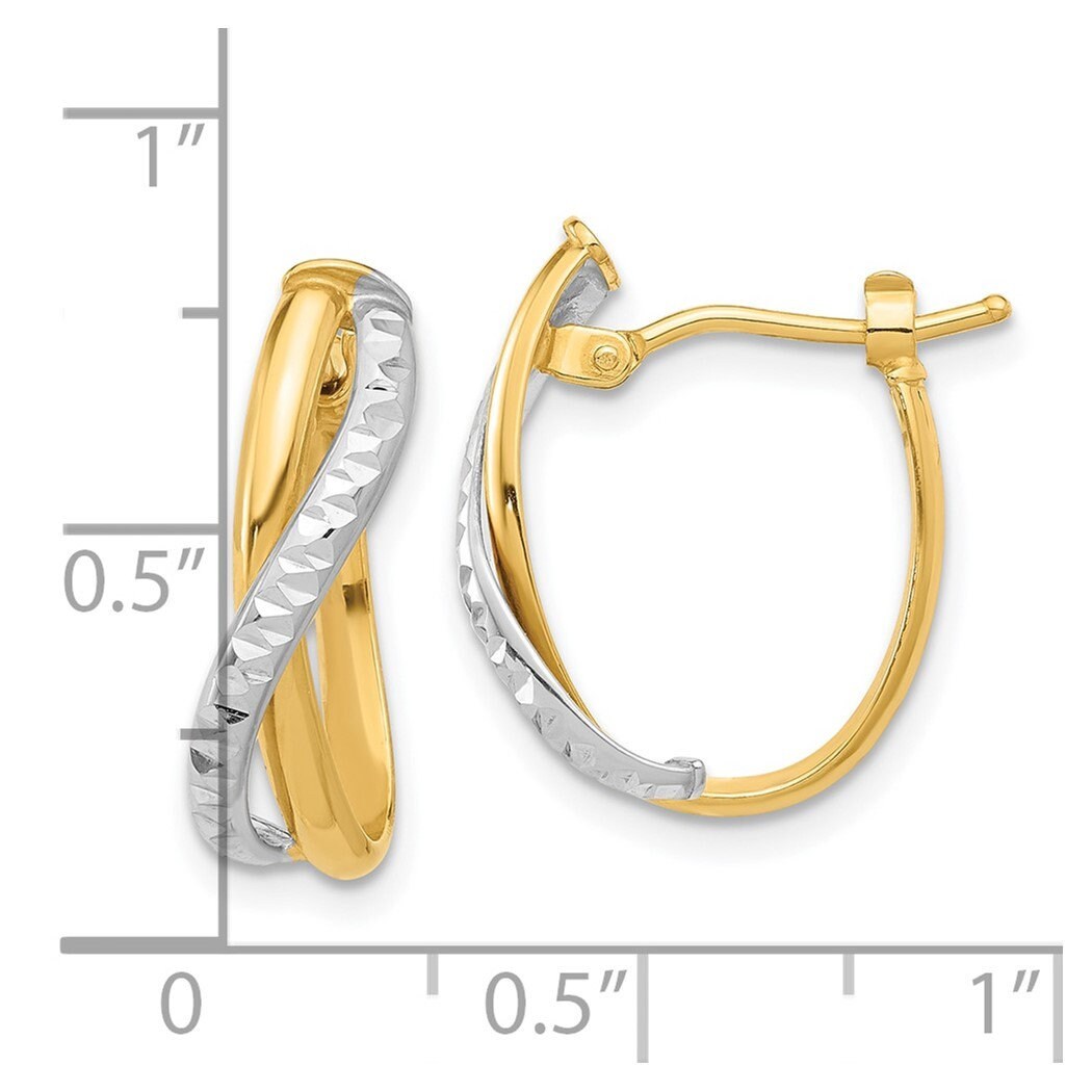 14k Two tone Gold Polished Diamond cut Crossover 17x4.6mm Hoop Earrings