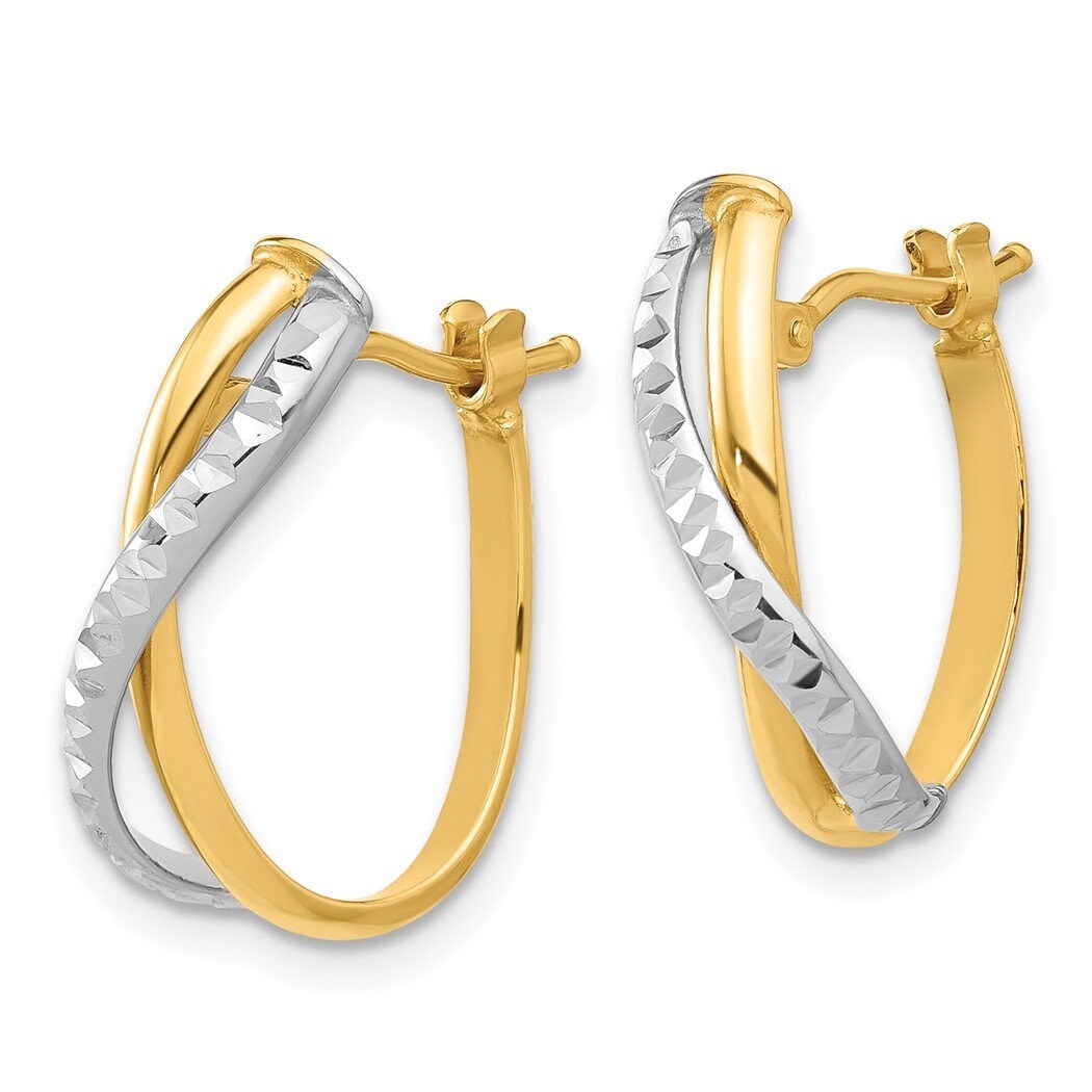 14k Two tone Gold Polished Diamond cut Crossover 17x4.6mm Hoop Earrings