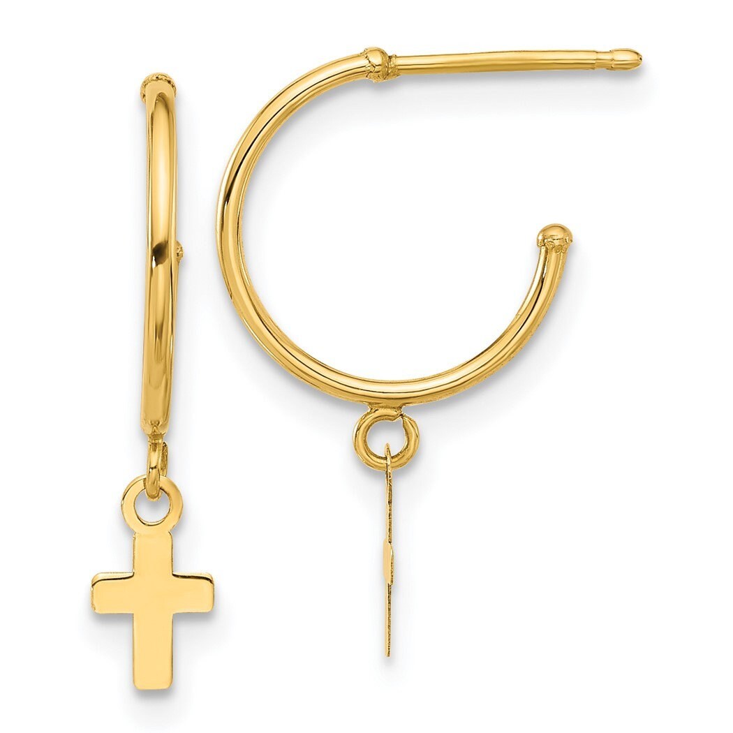 14k Yellow Gold Demi Hoop Small Cross Post Dangle Earrings