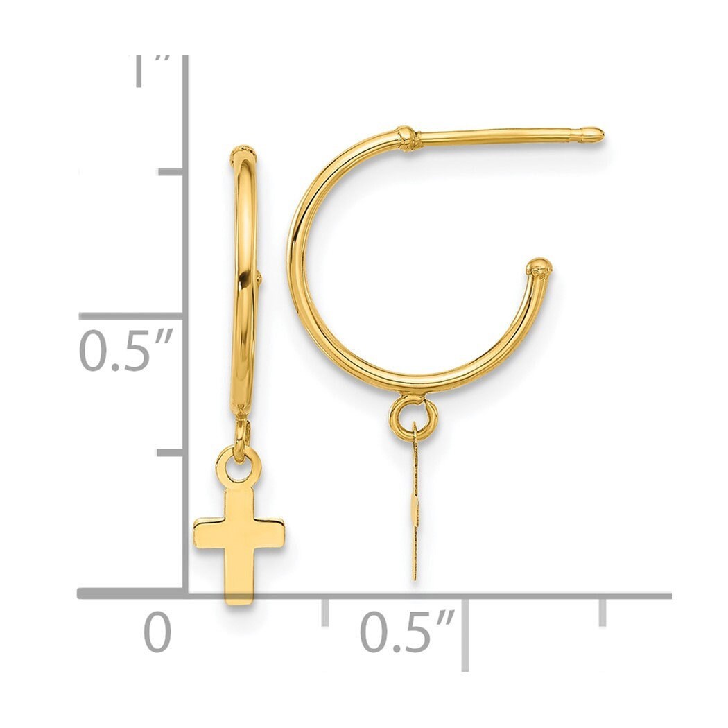 14k Yellow Gold Demi Hoop Small Cross Post Dangle Earrings