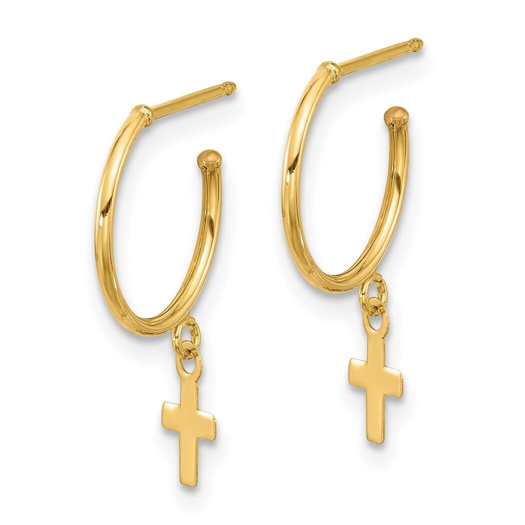 14k Yellow Gold Demi Hoop Small Cross Post Dangle Earrings