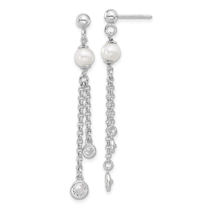 925 Sterling Silver Rhodium Plated Polished CZ and Pearl Dangle Post Earrings