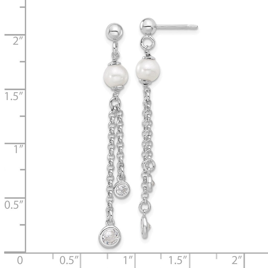 925 Sterling Silver Rhodium Plated Polished CZ and Pearl Dangle Post Earrings