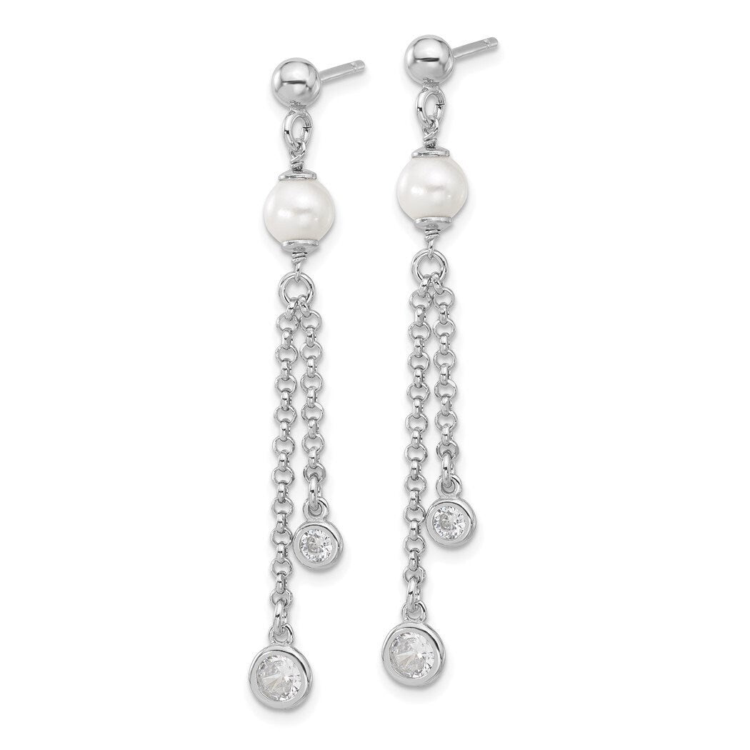 925 Sterling Silver Rhodium Plated Polished CZ and Pearl Dangle Post Earrings