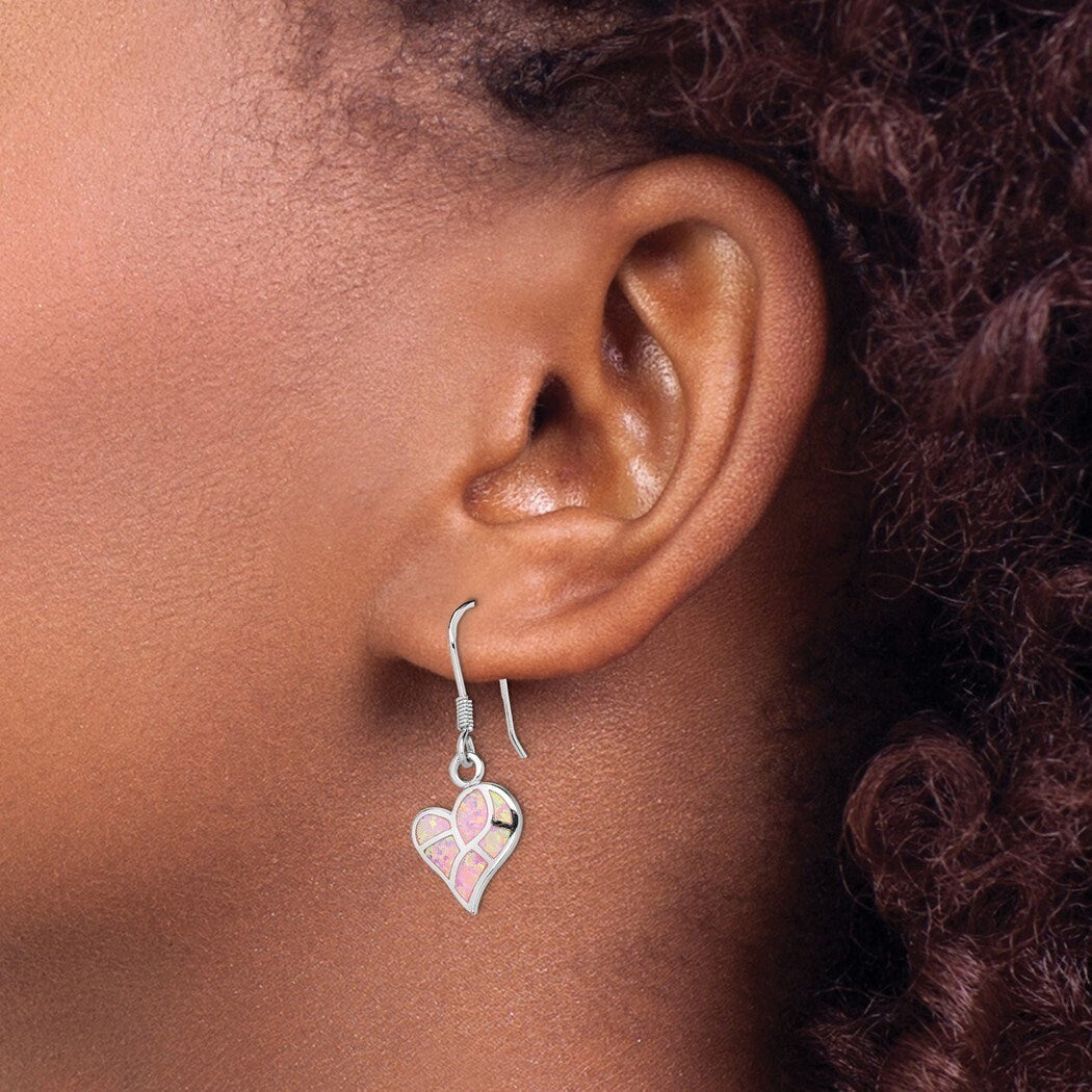 925 Sterling Silver Created Pink Opal Inlay Abstract Heart Dangle Earrings -34x12.7mm - Minimalist Heart Earrings for Women Girls