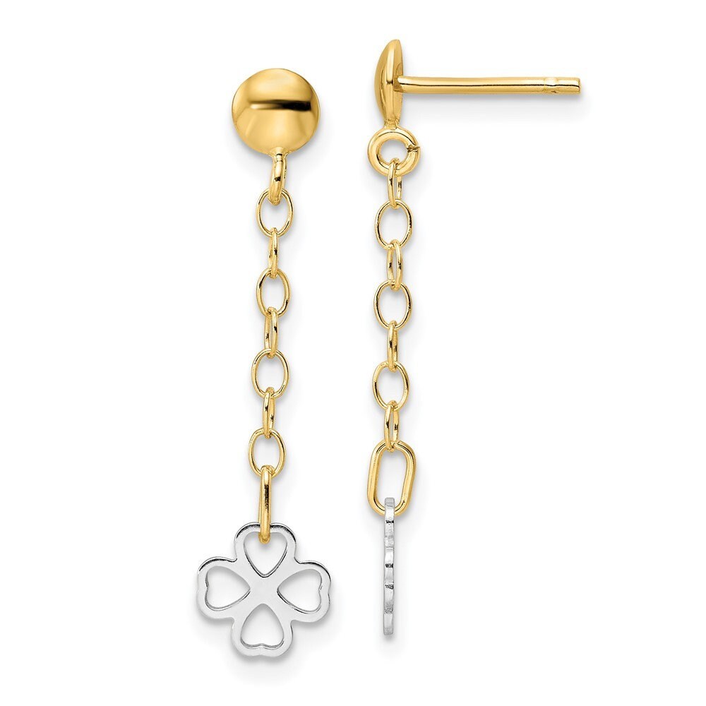 14k Two tone Gold Polished Dangle Clover Post Earrings - 31x7mm