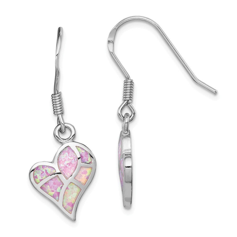 925 Sterling Silver Created Pink Opal Inlay Abstract Heart Dangle Earrings -34x12.7mm - Minimalist Heart Earrings for Women Girls
