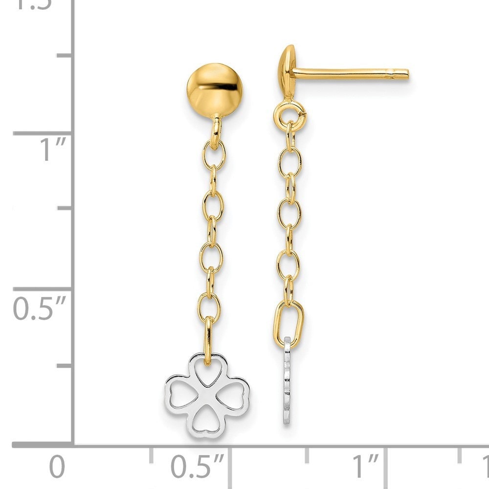 14k Two tone Gold Polished Dangle Clover Post Earrings - 31x7mm