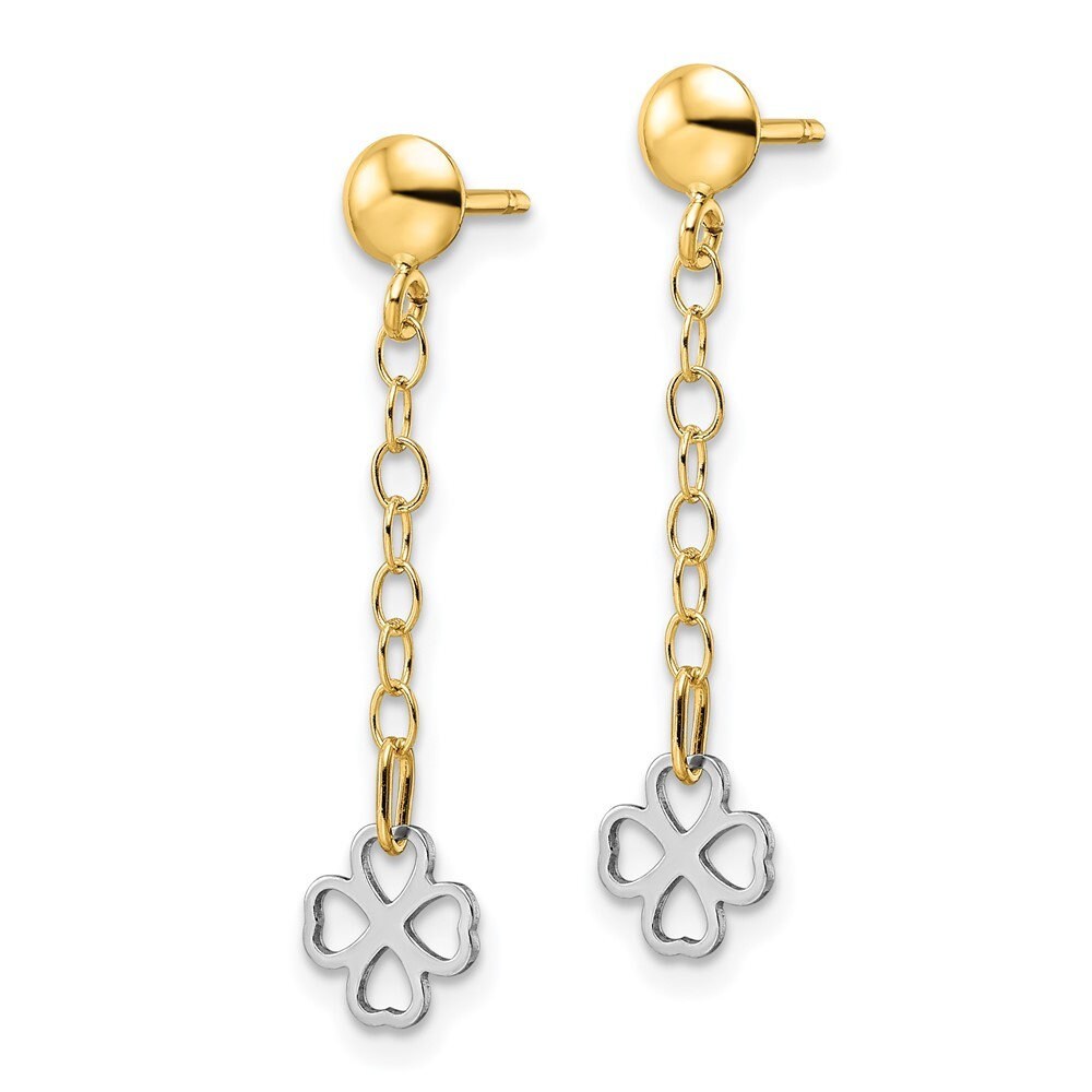 14k Two tone Gold Polished Dangle Clover Post Earrings - 31x7mm