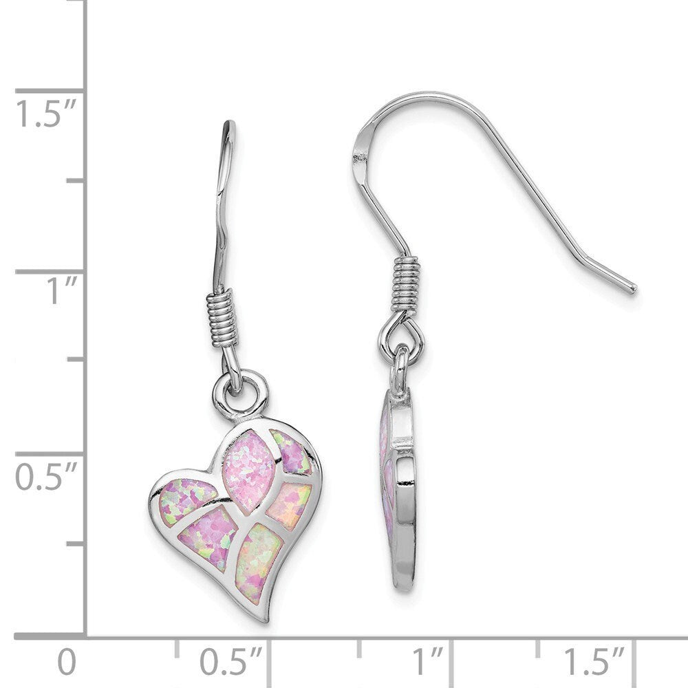925 Sterling Silver Created Pink Opal Inlay Abstract Heart Dangle Earrings -34x12.7mm - Minimalist Heart Earrings for Women Girls