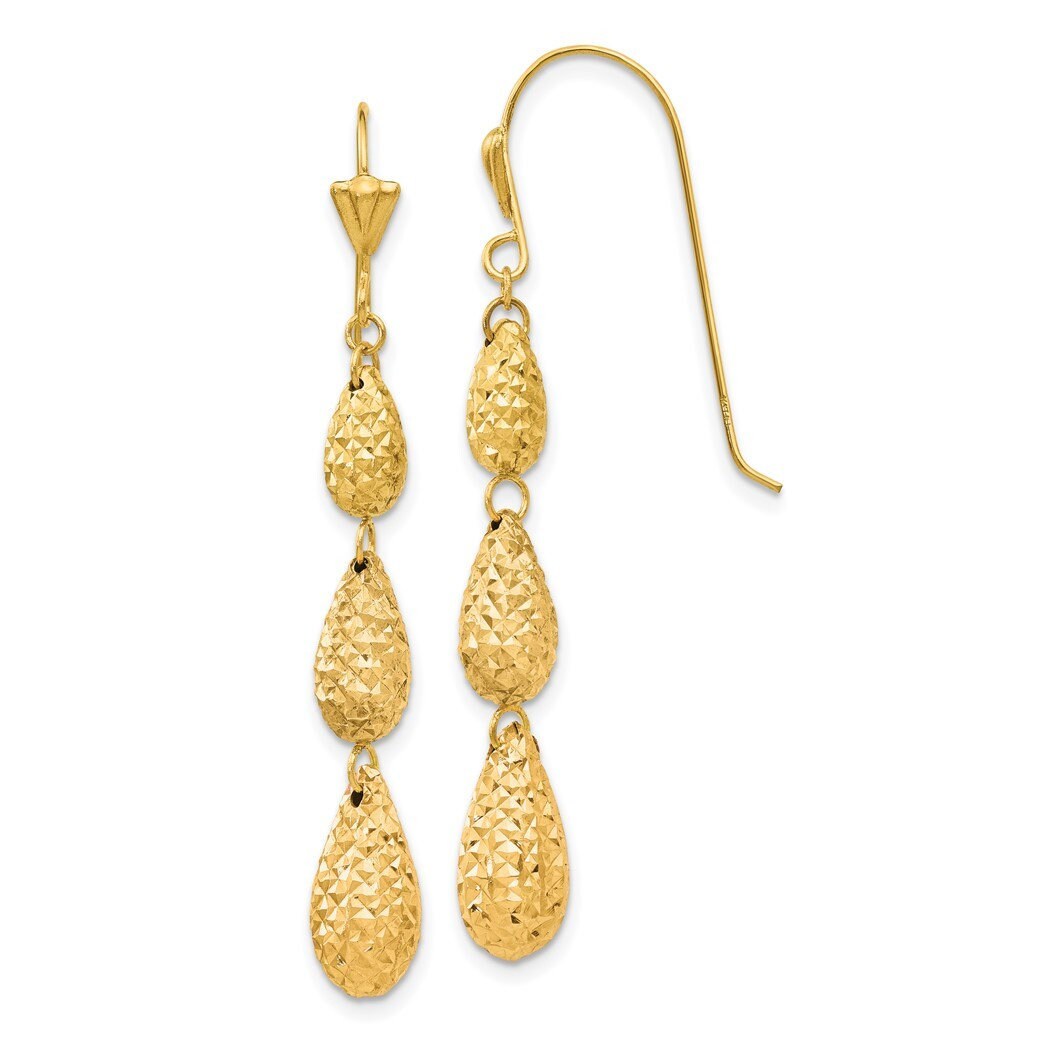 14k Yellow Gold Puffed Diamond-cut Teardrop 3-Tier Dangle Earrings