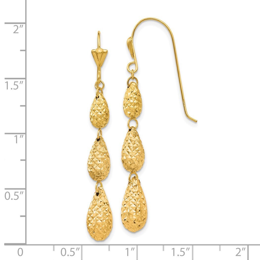 14k Yellow Gold Puffed Diamond-cut Teardrop 3-Tier Dangle Earrings