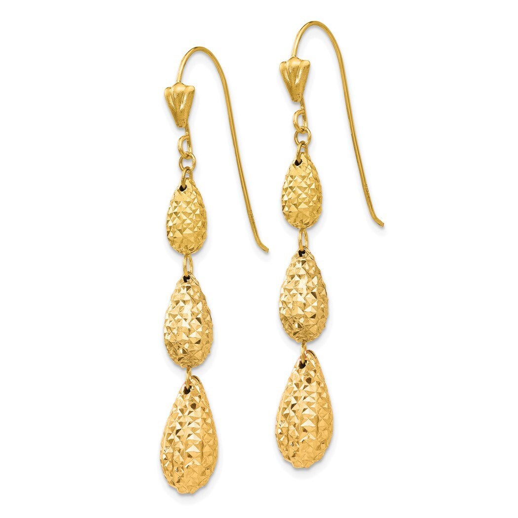 14k Yellow Gold Puffed Diamond-cut Teardrop 3-Tier Dangle Earrings