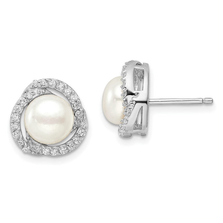 925 Sterling Silver Freshwater Cultured Pearl and CZ Love Knot 12mm Stud Earrings